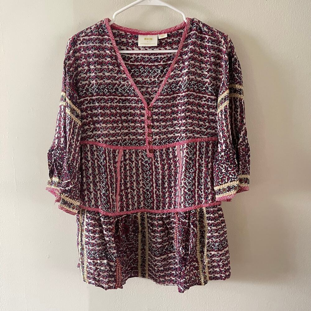 Maeve Anthropologie Lilyana Silk Tunic Top XS Purple Tiered Bell Sleeves Boho